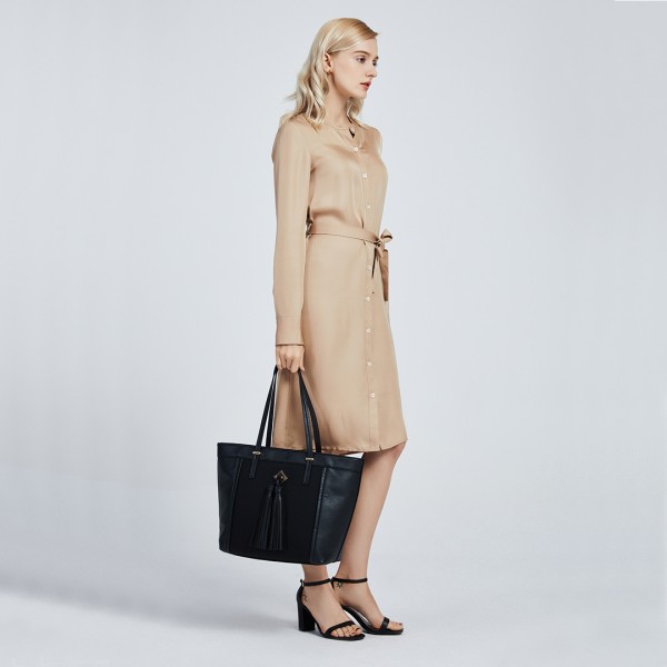 LG1961 - Miss Lulu Leather Look Tassel Tote Bag - Black